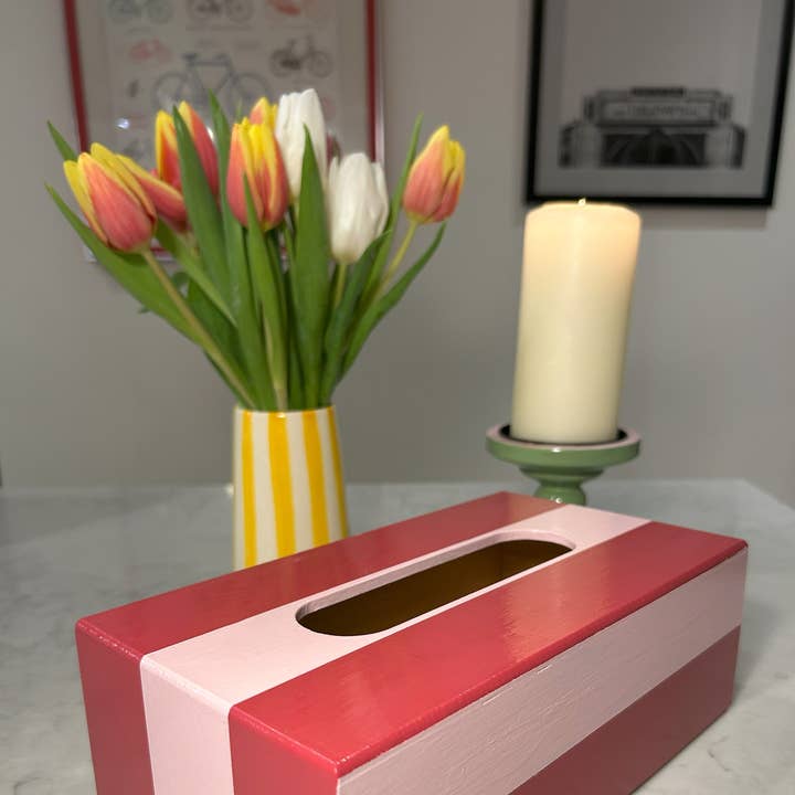 Red and Pink Striped Tissue Box for wholesale by Muse Homeware
