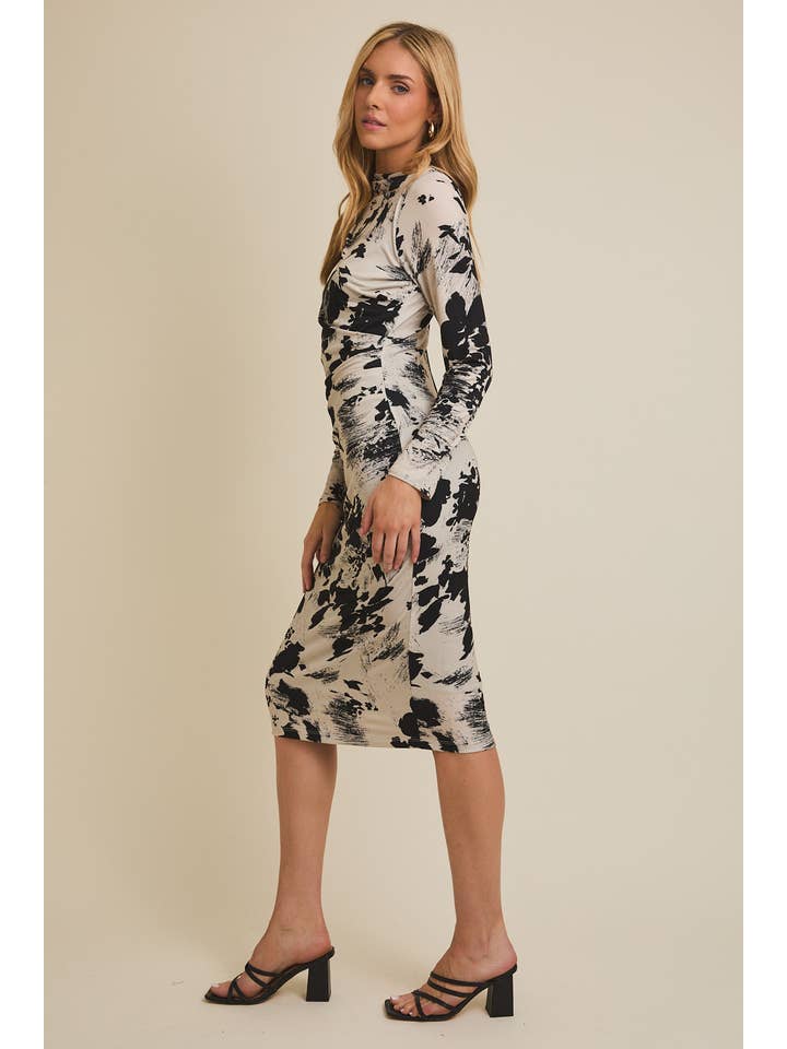 TAUPE BLACK FLORAL MOCK NECK LONG SLEEVE FLORLA PRINT MIDI DRESS for wholesale on Faire2