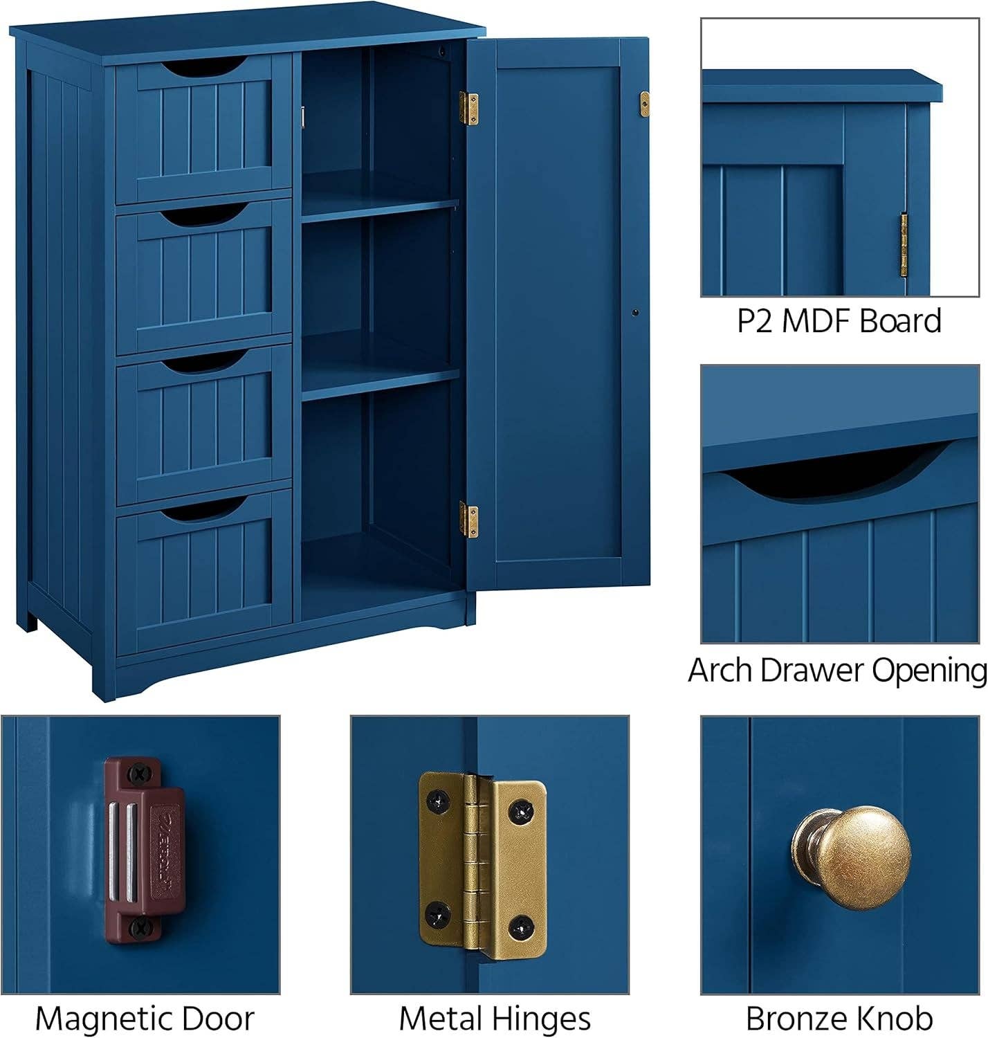 Navy Blue Wooden Bathroom Floor Cabinet With 4 Drawers And Cupboard for wholesale on Faire5
