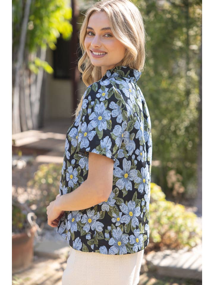 Blue 35286 Floral Jaquard Ruffle V Neck Top for wholesale on Faire