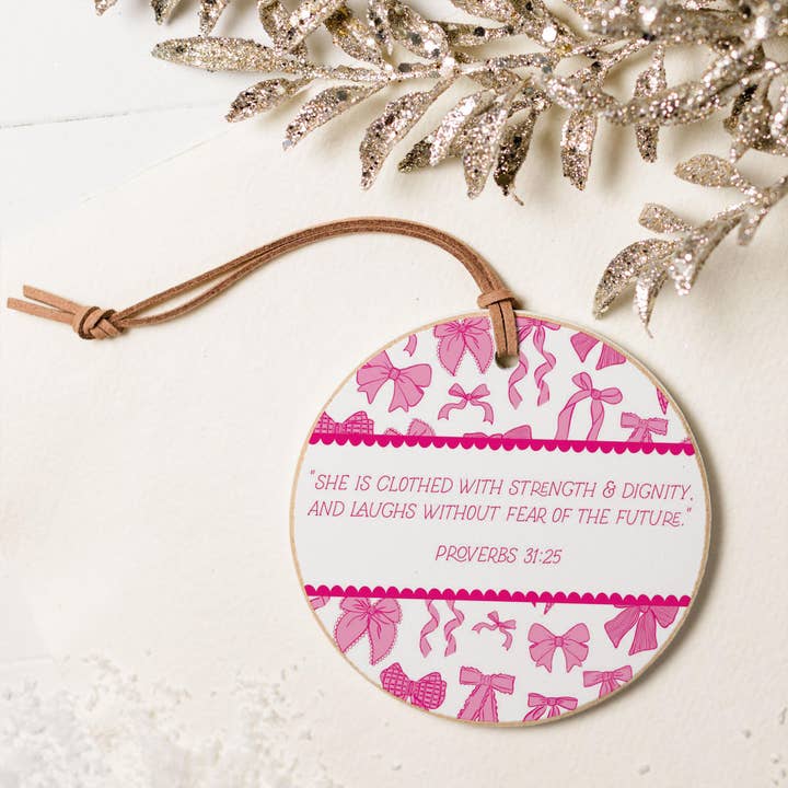 Clairmont & Co - Wholesale Ornament - Pink Bows She Is Clothed Round Ornament, Bow Ornaments