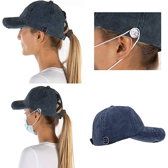 Funky Junque – Engroshandel Kasket med hul til hestehale - Dame – Criss Cross Hestehale Cap m/Knapper (Navy)