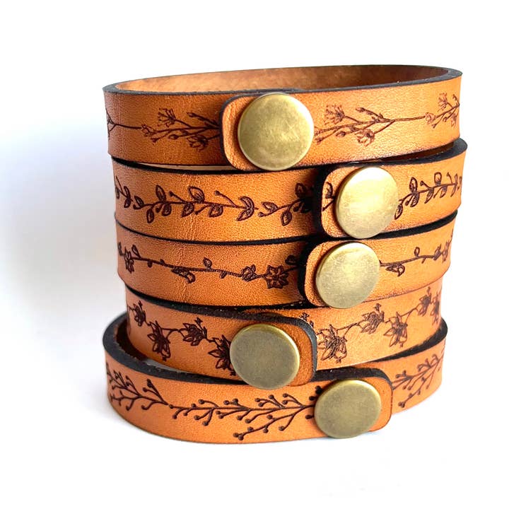 New Market Farmhouse - Wholesale Cuff Bracelet - Floral Leather Snap Bracelet - Engraved Leather Cuff2