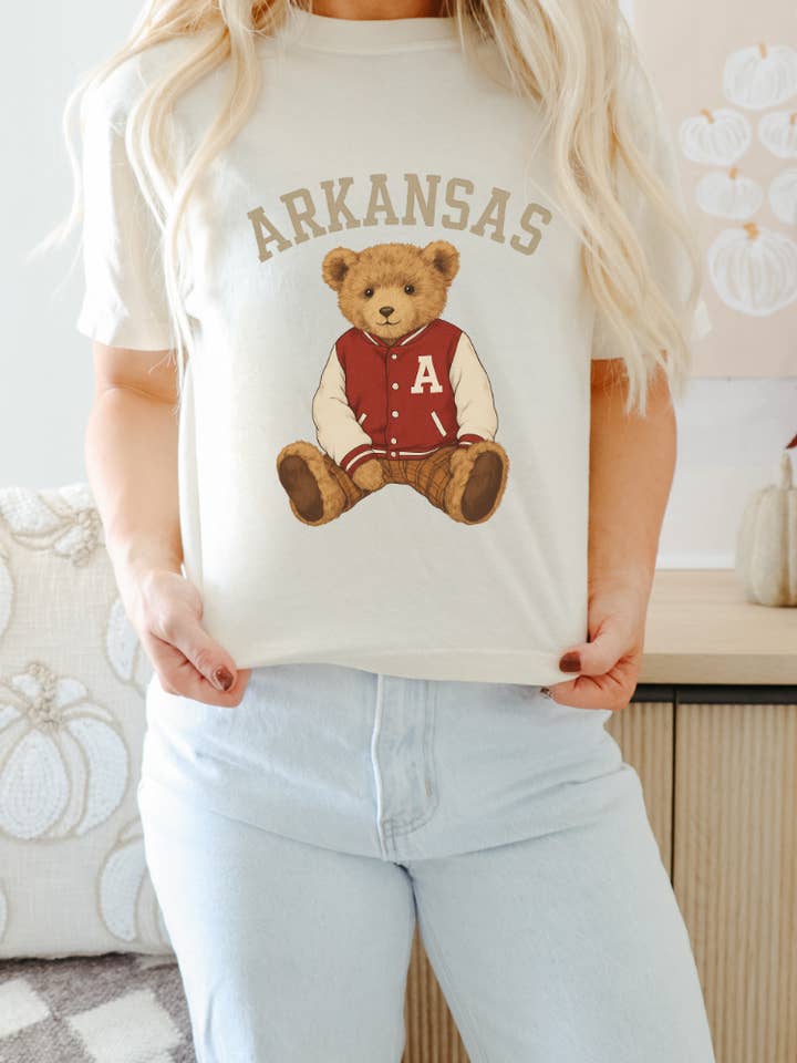 Arkansas Teddy Bear Letterman Adult Graphic Tee for wholesale by Uncommon Label