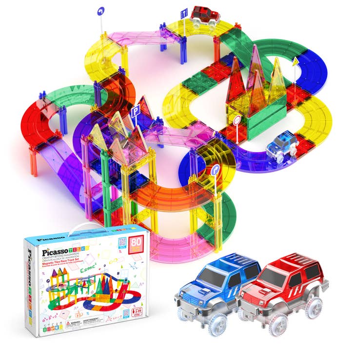 PicassoTiles 80pc Magnetic Race Track Building Set for wholesale by PicassoTiles