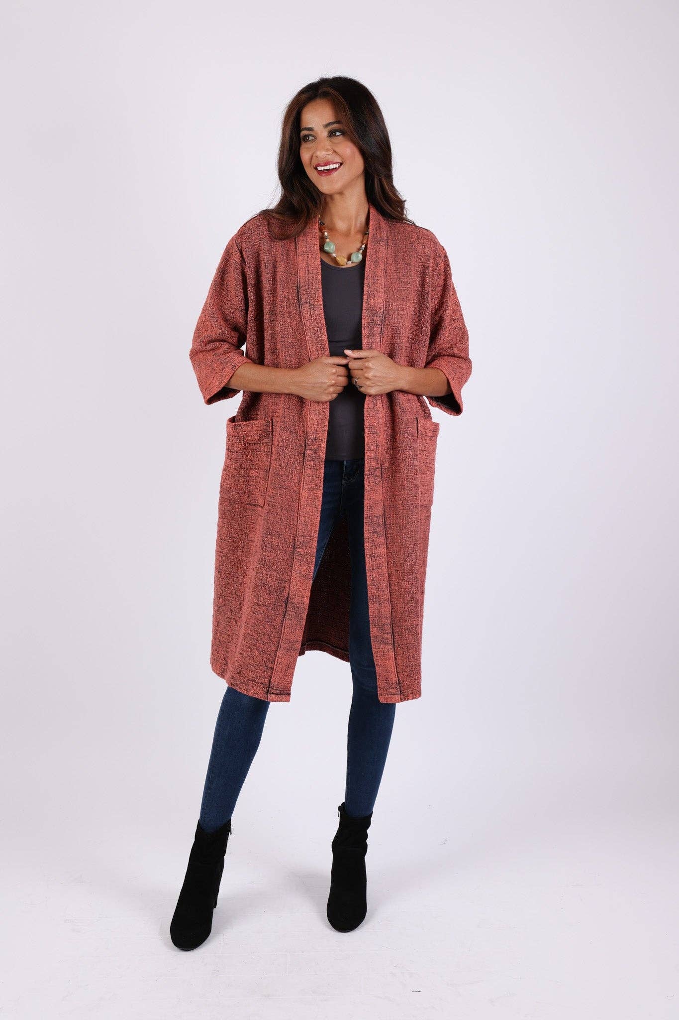 Sacred Threads - Venta al por mayor Cárdigan - Mujer - Cárdigan Largo de Algodón Coral: Mangas 3/4 con Bolsillos2