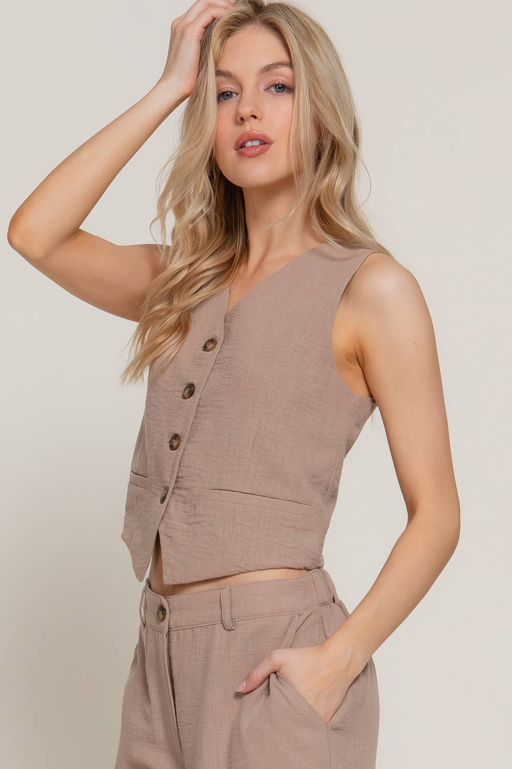 Active Basic | Active USA – wholesale Kostymväst – Dam – V-ringad väst med knäppning fram i linneeffekt10