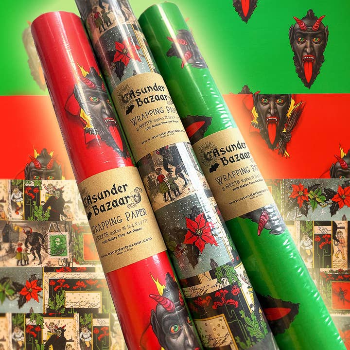 Krampus Wrapping Paper Set 3 Sheet Roll 3 Designs for wholesale by Asunder Bazaar