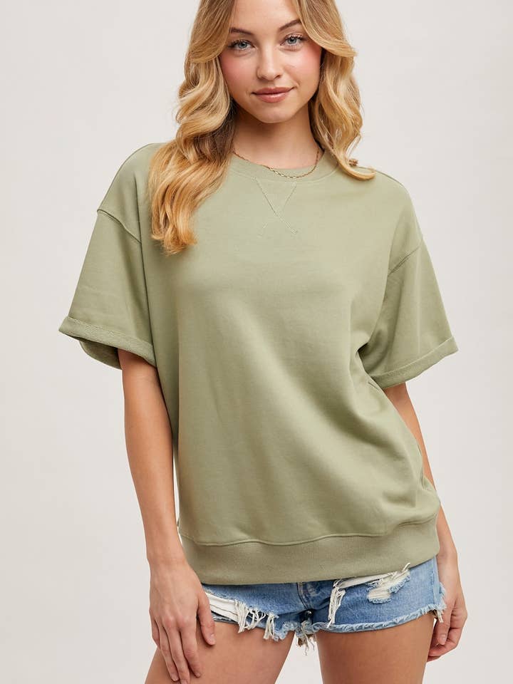 PL3164 - HAUT EN TISSU ÉPONGE UNI À MANCHES COURTES pour la vente par Peace Love Line