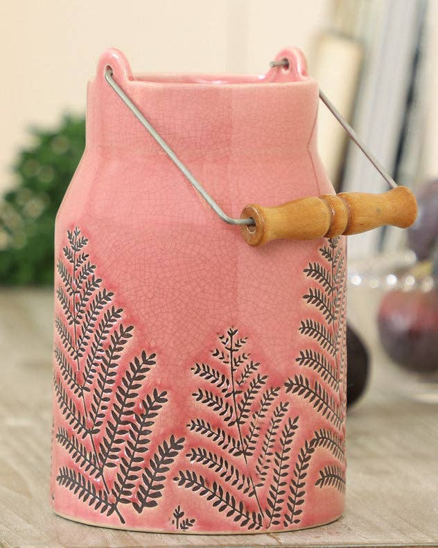 Dibor – wholesale Vase – Fern Leaf Embossed Pink Milk Churn Flower Vase3