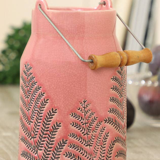 Dibor – wholesale Vase – Fern Leaf Embossed Pink Milk Churn Flower Vase3