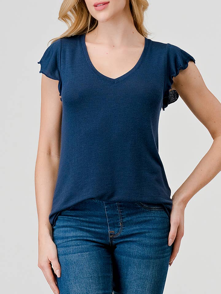 Strickoberteil mit kurzen Rüschenärmeln und V-Ausschnitt, T371 für den Großhandel von Heimious