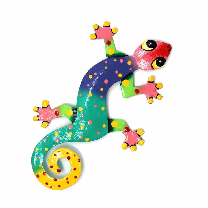 Global Crafts - Wholesale Wall Accent - 8" Painted Metal Drum Art Gecko Wall Hanging, Singe Gecko5