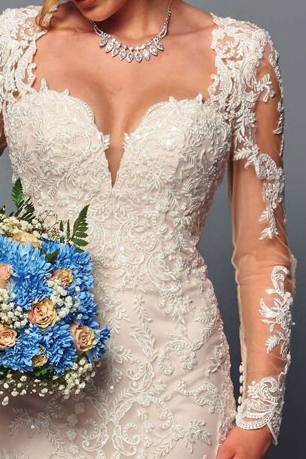 Babyfox Apparel - Vendita all'ingrosso Abito da sera - Donna - Abito da sposa a sirena con maniche lunghe trasparenti e scollo a cuore8