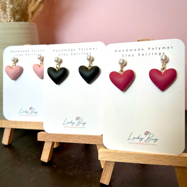 Puffy Heart Earrings – Faux Pearl Valentine Dangles for wholesale by Lady Bug Custom Gifts