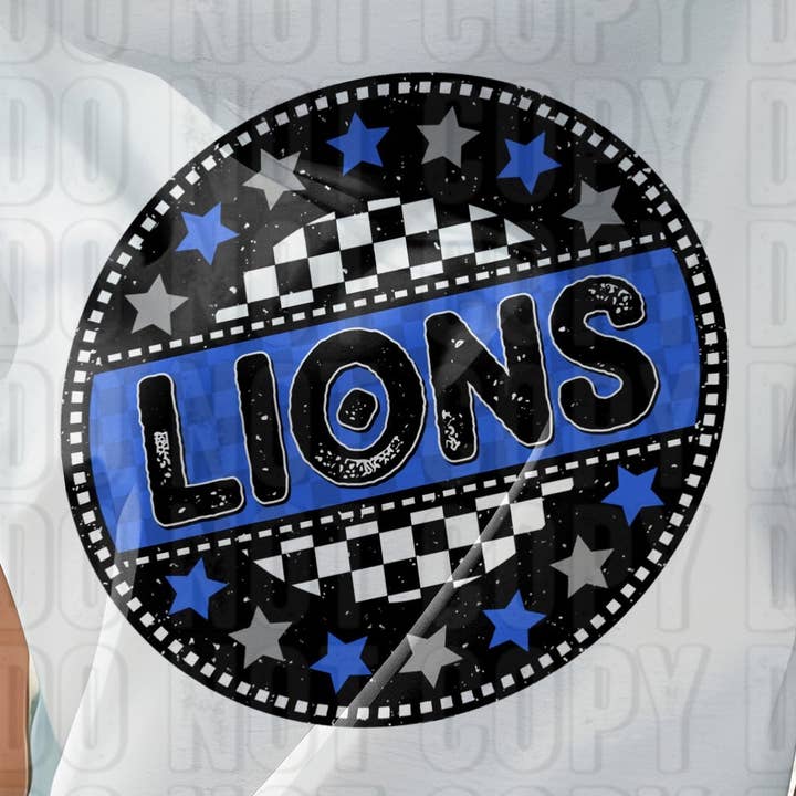 Löwen Königsblau Karos Und Sterne Maskottchen DTF Transfer für den Großhandel von K and M Designs