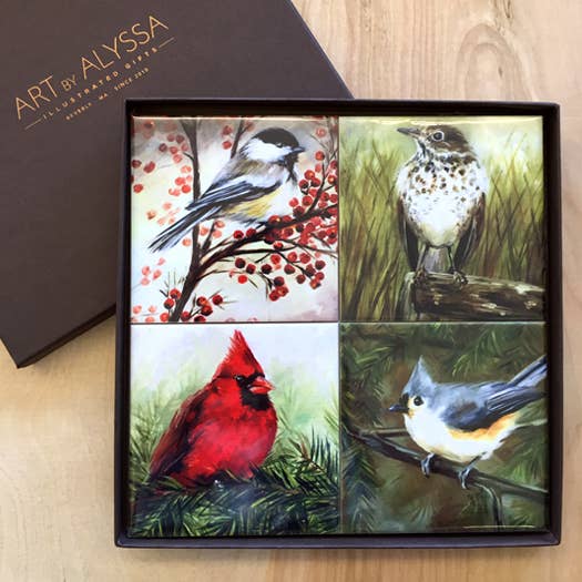 Woodland Birds 12 Coaster Set for wholesale by Art by Alyssa