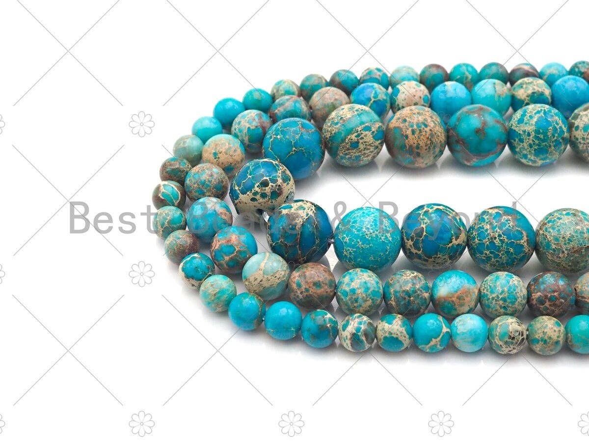 BestBeads&Beyond - Venta al por mayor Cuentas - Jaspe imperial turquesa azul de sedimento marino de alta calidad, cuentas lisas redondas de 6mm/8mm/10mm/12mm, hilo completo de 39,4 cm, SKU#UA1692