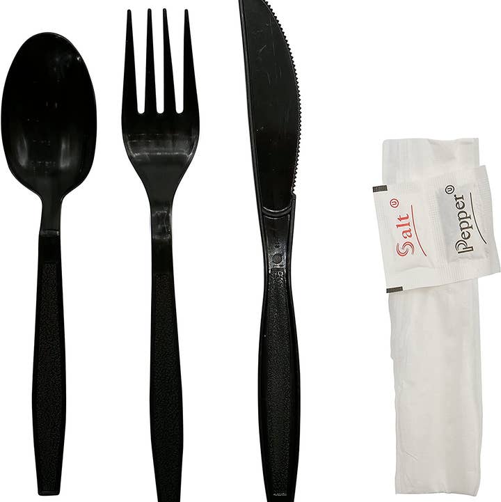 Disposable Wrapped Black Heavy Duty Cutlery Kit 5 in 1 - For for wholesale by EcoQuality