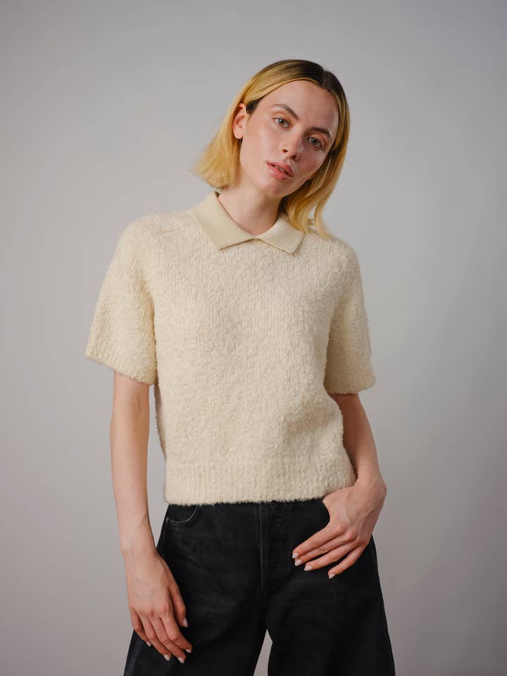 The Endery - Wholesale Polo - Women's - Ramona Bouclé Short Sleeve Polo - Calcite1