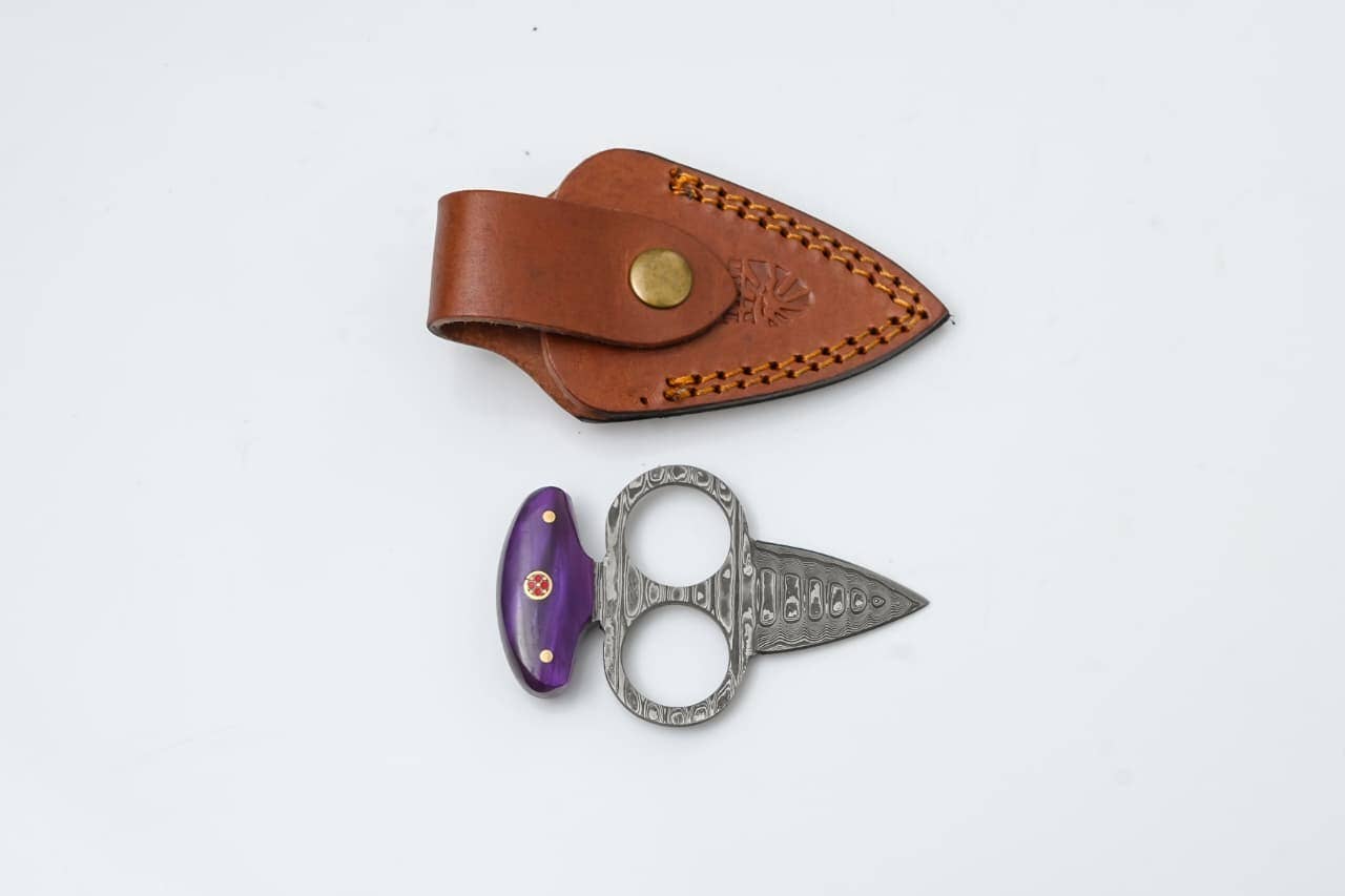 Titan International - Wholesale Pocket Knife/Holder - Damascus Push Dagger with Purple Resin Handle & Leather Sheath