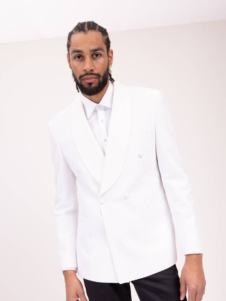 Mænds vaffeltekstur dobbelt brested smoking - hvid for engroshandel hos Ron Tomson