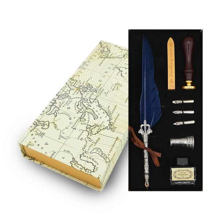Quill Pen Map Magnetic Box Gift Set - Navy for wholesale by Mad Witch Ltd