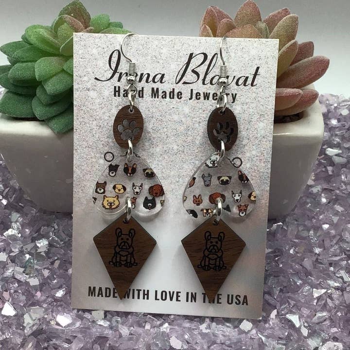 Dog Acrylic & Frenchie Wood Earrings for wholesale by Irena Blavat Designs