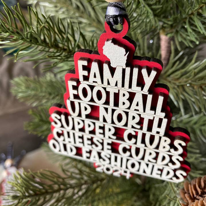 Novotny Designs - Wholesale Ornament - Wisconsin tree-shaped favorite things ornament - red