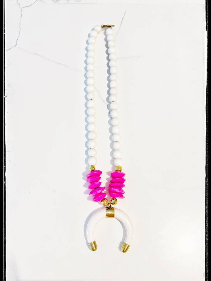 Crescent Horn Pendant Midi Necklace White Hot Pink Bone Bead for wholesale by GentrybyJenna