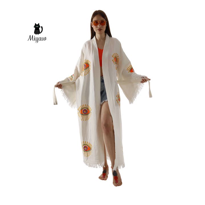 Pure & Chic, LLC - Miyawfashion - Wholesale Kimono - Women's - Wholesale Organic Cotton Duster – Neon Eye Kimono Robe4