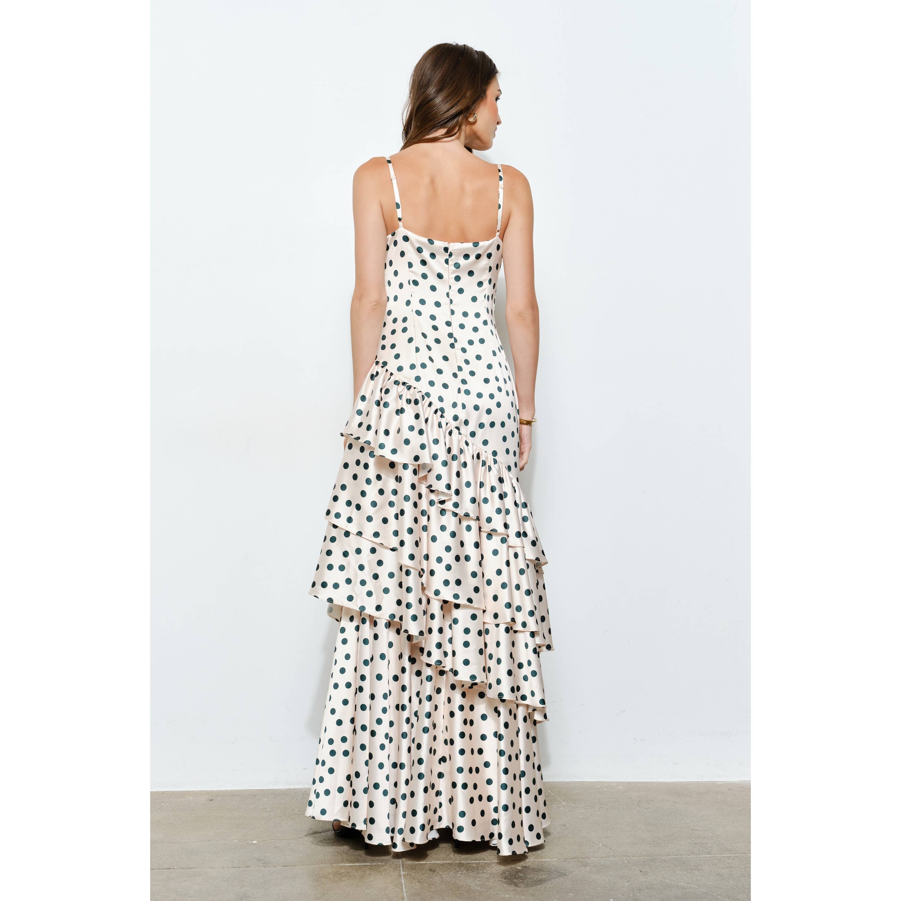 INA – wholesale Dress – Women's – Satin Polka Dot Tiered Ruffle Maxi Dress7