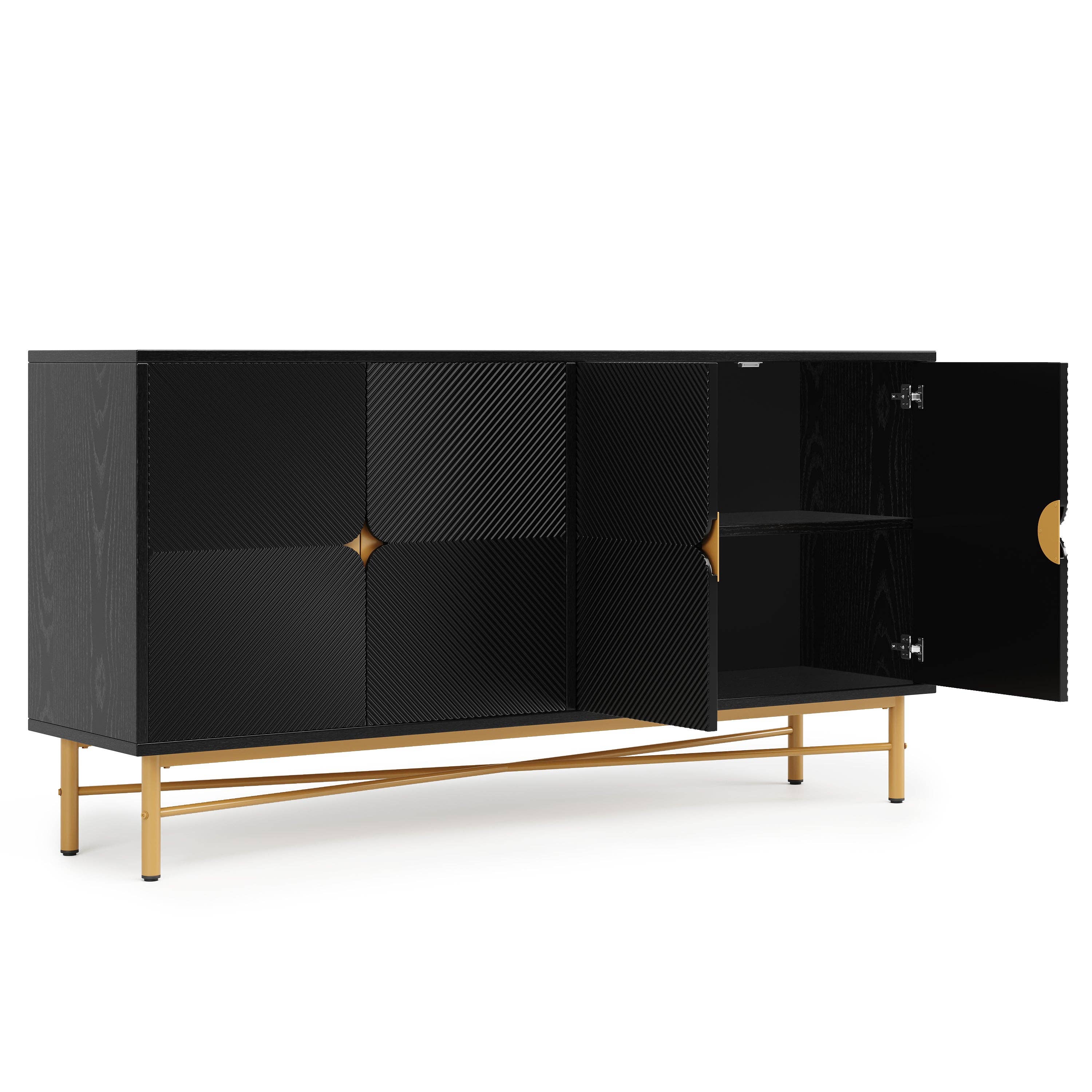 Urban Meuble - Wholesale Cabinet - Black sideboard with wood-effect embossed texture, 4 doors, luxury style with golden accent POLLENBASK9