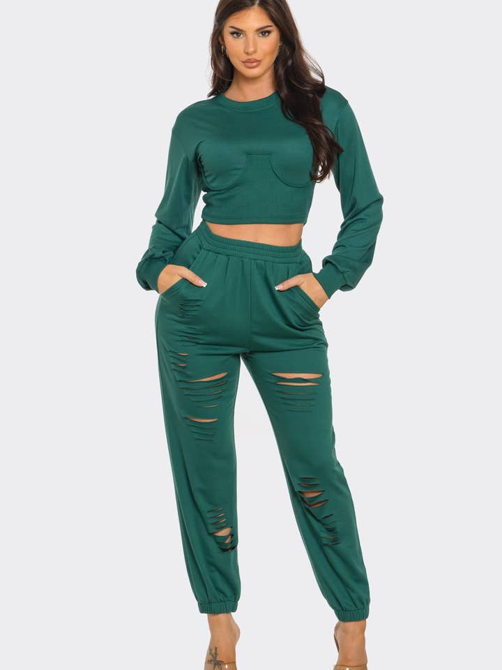 Julia by LoveJ - Wholesale Top & Pant Set (NOT Loungewear) - Women's - Round Neck Solid Top And Laser Cut Pants Set