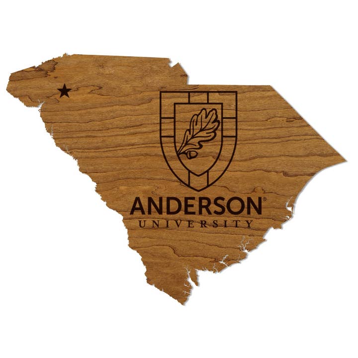 Anderson University Institution Mark on State Wall Hanging - Crafted from Cherry or Maple Wood - Anderson Trojans for wholesale by LazerEdge