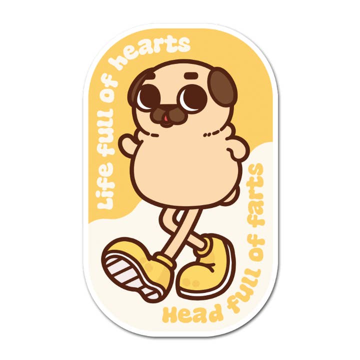 Full Hearts Full Farts Puglie Sticker for wholesale by Puglie Pug Designs Inc.