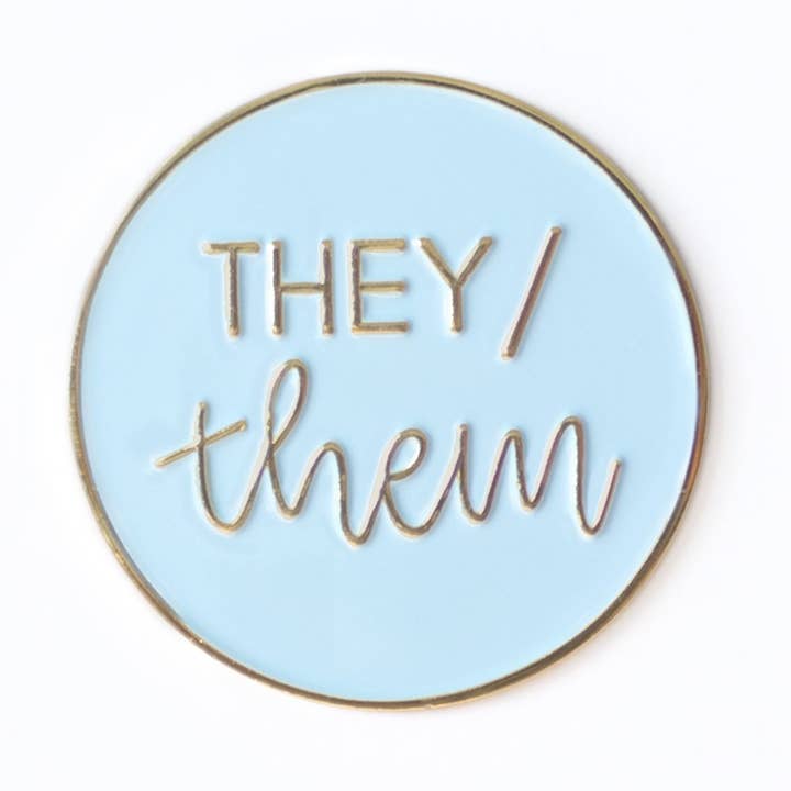 They/Them Round Pronoun Pin for wholesale by Rising Violet Press