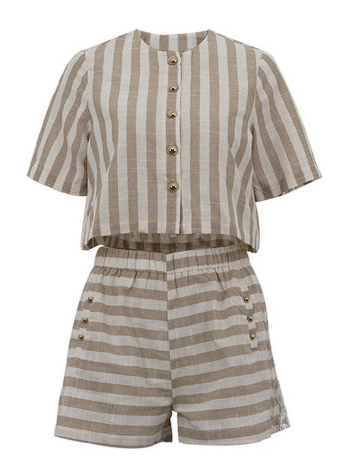 BEIGE Striped Buttoned Short Sleeve Top and Shorts Set for wholesale on Faire