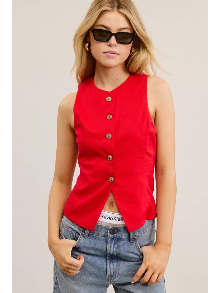 Mimosa - Wholesale Outerwear Vest - Women's - Button Down Sleeveless Round Neck Waistcoat Vest