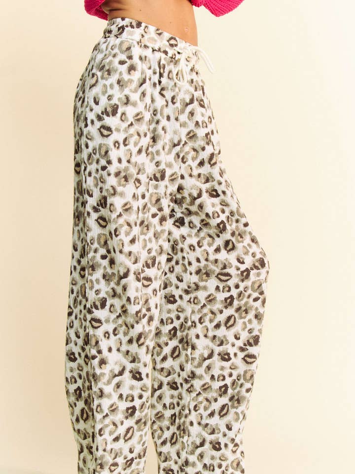 LEOPARD DRAWSTRING ELASTIC WAIST WIDE LEG PANTS for wholesale by Davi & Dani