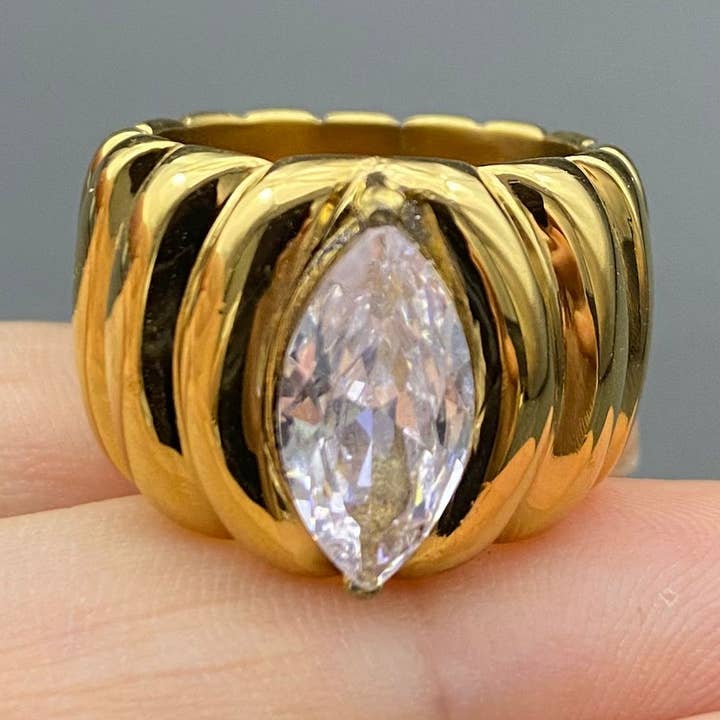 Sparkling Zircon Inlaid 18K Gold-plated Stainless Steel Ring - FGS for wholesale by Mio Queena