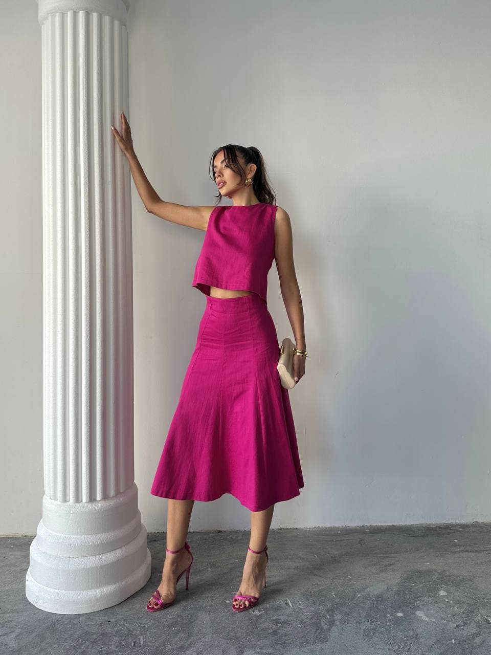 Design company-Fatma Balkir - Vente Ensemble haut et jupe - Femme - Ensemble élégant en lin avec jupe midi et blouse courte - Tailleur jupe6