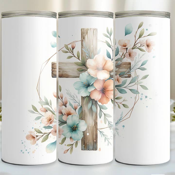 Floral Spring Cross Tumbler, 20oz Skinny Tumbler, Jesus Cup for wholesale by Dm Crafting