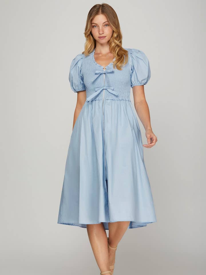 Bestto - Wholesale Dress - Women's - CUTE BOW TIE SHORT PUFF SLEEVES SMOCK SUMMER DRESS6