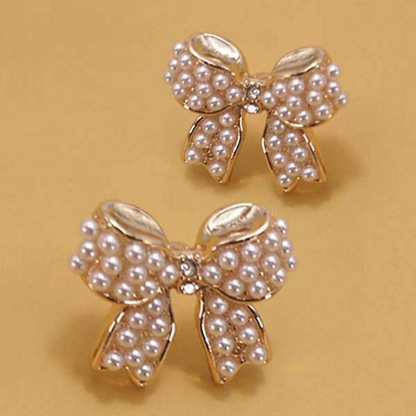 MINI PEARL BOW RIBBON GOLD EARRINGS | 80E5342 for wholesale on Faire