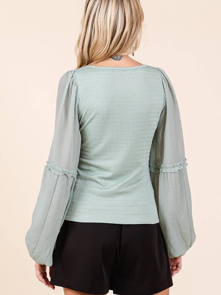 mittoshop - Wholesale Knit Top - Women's - MIXED MEDIA TEXTURED KNIT CHIFFON LONG SLEEVE TOP12