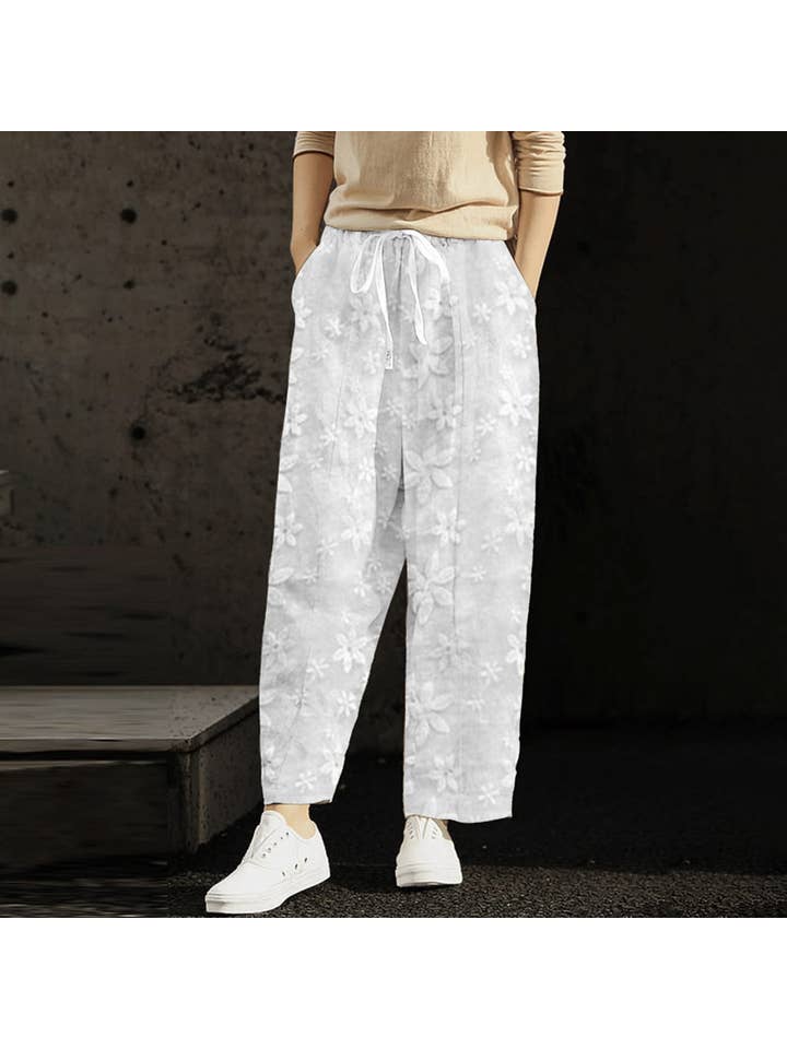 White Cotton Linen Embroidery Cropped Elastic Waist Pants for wholesale on Faire