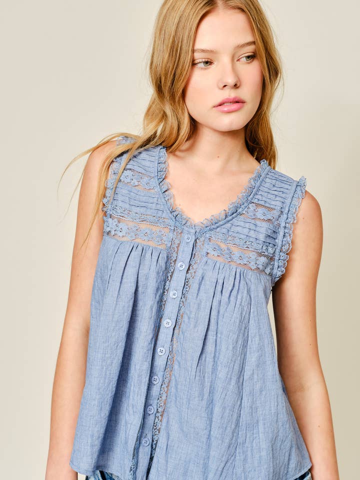 AJT5554 BOHEMIAN STYLE SLEEVELESS COTTON LACE RUFFLE BLOUSE for wholesale by Aaron & Amber