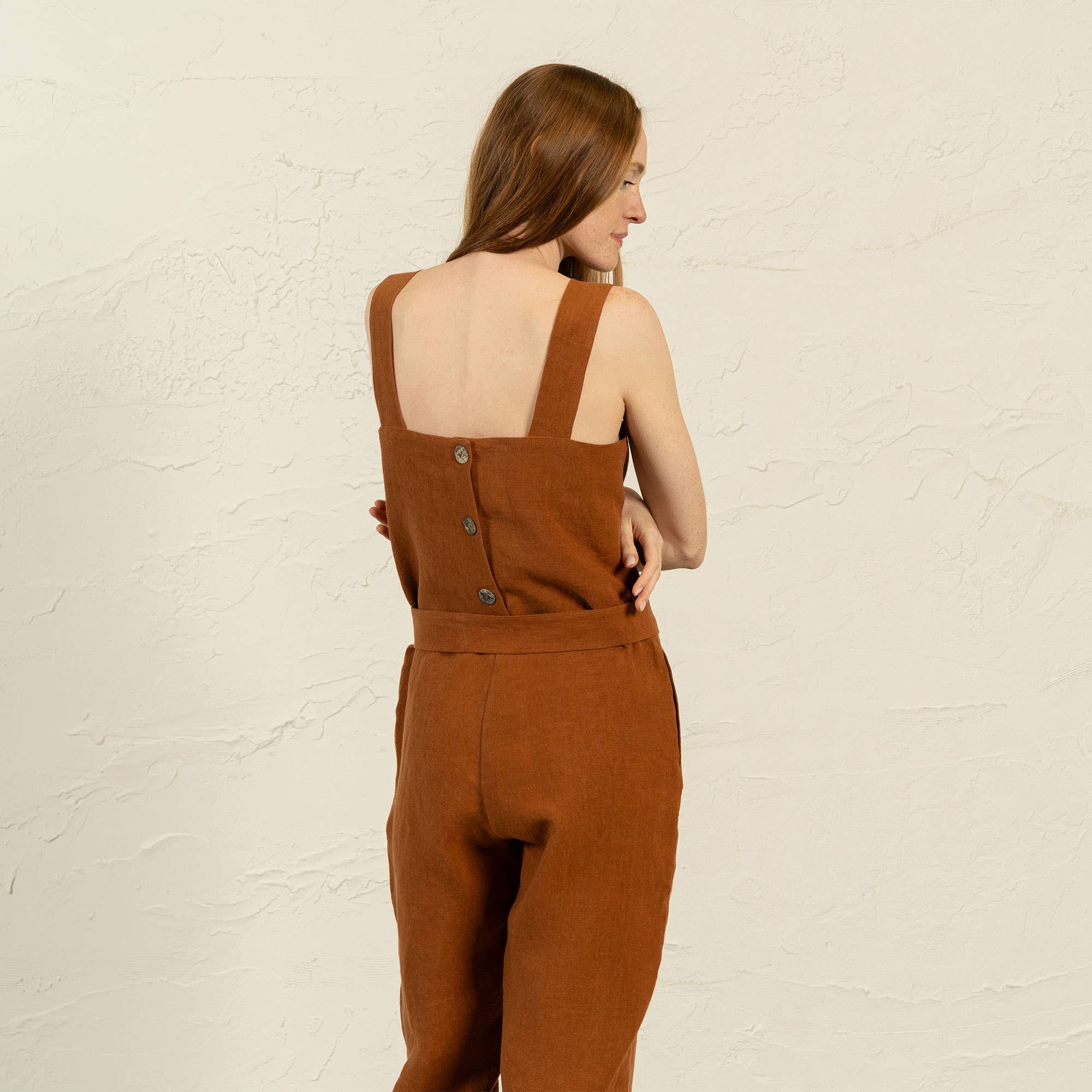 menique - Wholesale Jumpsuit - Women's - Pinafore Linen Jumpsuit Iris - Casual Button Back Jumpsuit2