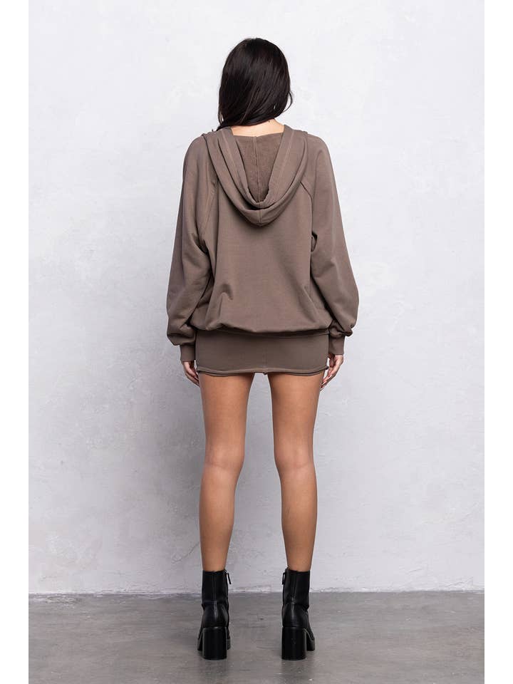 No Vacancy - Wholesale Top & Skirt Set - Women's - Raw stitch detail loose fit zip up and mini skirt set